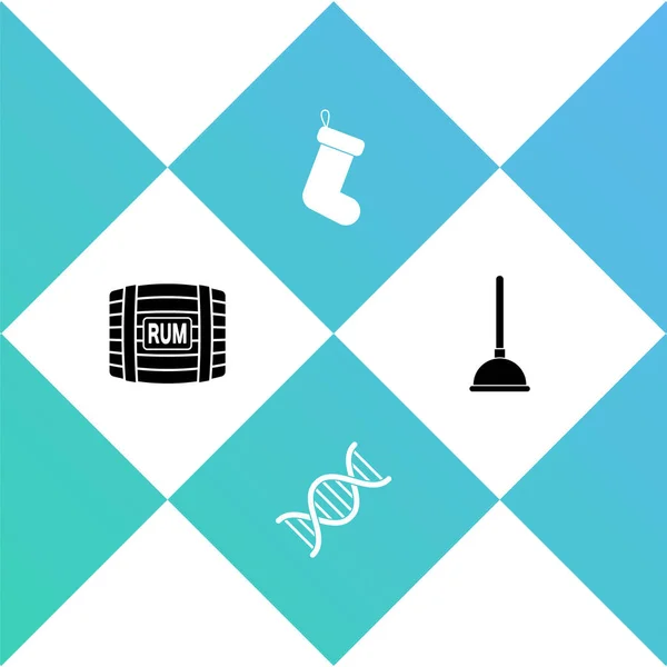 Set Wooden barrel with rum, DNA symbol, Christmas sock and Rubber plunger icon. Vector. — Stock Illustration Set Wooden Barrel Rum Dna Symbol Christmas Sock Rubber Plunger Royalty Free Stock Vectors