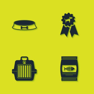 Evcil hayvan kasesi, kedi çantası, çanta ve köpek ödülü ikonu. Vektör.