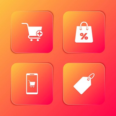 Alışveriş arabasına Ekle, yüzde ile çanta, mobil ve alışveriş ve etiket etiketi simgesini etiketle. Vektör.