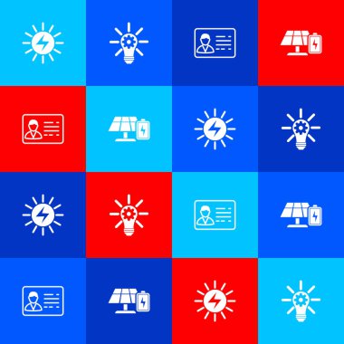 Güneş enerjisi paneli, ekipmanlı ampul, kimlik kartı ve pil ikonunu ayarla. Vektör.