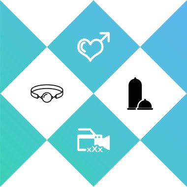 Silikon top şakası, seks, erkek cinsiyeti, kalp ve prezervatif içeren video kamera güvenli seks ikonu. Vektör.