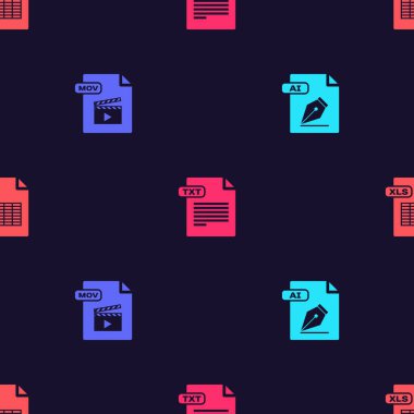 AI dosya belgesi, MOV, TXT ve XLS 'i pürüzsüz desen olarak ayarla. Vektör.