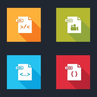 XSL dosya belgesi, MOV, XML ve CSS simgesini ayarla. Vektör.