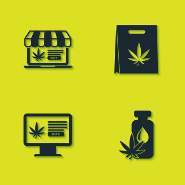 Set Online esrar, marihuana veya kenevir yaprağı yağı ve bir torba ikon satın alıyor. Vektör.