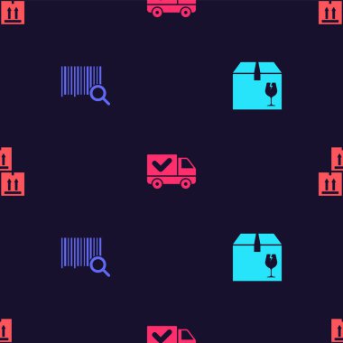 Teslimat kutusunu hassas içerikli olarak ayarla, arama barkodu, kamyon kontrol işareti ve karton trafiği kusursuz desenli. Vektör.