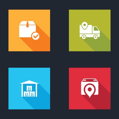 Paket kutusunu işaretli, teslimat takibi, Depo ve Konum karton simgesi ile ayarla. Vektör.