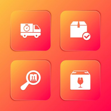 Teslimat kamyonunu ve kronometreyi işaretli paket kutusunu, arama paketini ve kırılgan içerik simgesini ayarla. Vektör.