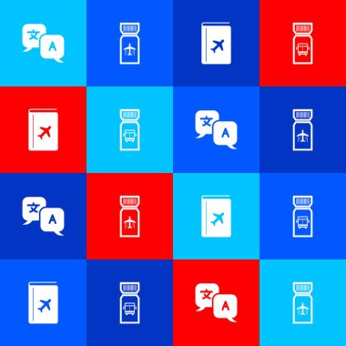 Çevirmen, uçak bileti, kapak kitabı seyahat rehberi ve otobüs simgesi ayarla. Vektör.