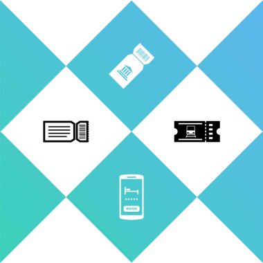 Set Bilet, Online otel rezervasyonu, Müze bileti ve tren ikonu. Vektör.