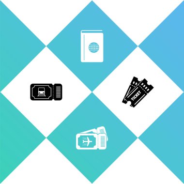 Tren bileti, havayolu, kapak kitabı seyahat rehberi ve bilet ikonu. Vektör.