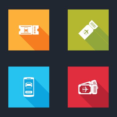 Tren bileti, havayolu, çevrimiçi araba paylaşım ve ikon ayarla. Vektör.