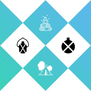 Kantin su şişesi, bayraklı turist çadırı, kamp ateşi ve ikon. Vektör.