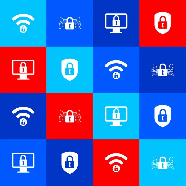 Definir Wifi Bloqueado Segurança Cibernética Bloqueio Monitor Escudo Com Ícone —  Vetores de Stock
