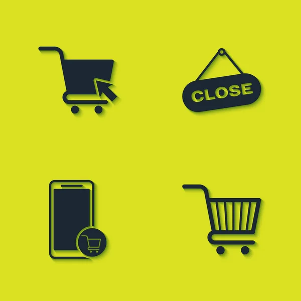 设置购物车与光标 购物和悬挂标志关闭图标 — 图库矢量图片