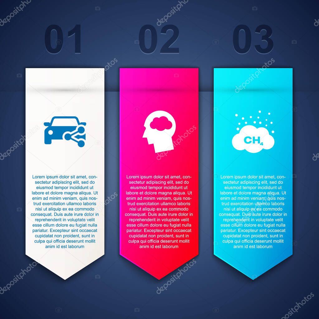 Set Car sharing, Head silhouette with cloud and Methane emissions reduction. Business infographic template. Vector.