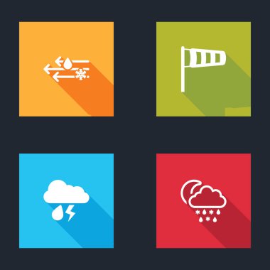 Rüzgarı ve yağmuru karla, koni meteoroloji rüzgar gülünü, bulut yıldırımını ve yağmuru, ay ikonunu hazırla. Vektör.