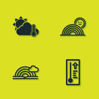 Termometreyi ve bulutu, güneşi, meteoroloji termometresini, gökkuşağını ve ikonu ayarla. Vektör.