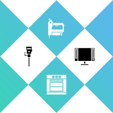 İnşaat matkabı, fırın, elektrikli inşaat zımbası ve akıllı televizyon ikonu. Vektör.