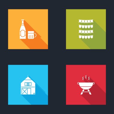 Bira şişesi ve cam, bayraklı karnaval çelengi, çiftlik evi ve barbekü ikonu. Vektör.