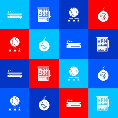 Video oyun konsolunu, Slot makinesini, Bilgisayar ağını ve Bomba 'yı ikonu patlatmaya hazır hale getirin. Vektör.