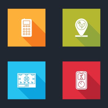 Uzaktan kumanda, tavuk çiftliği ve konumu akıllı tarım teknolojisi ve ikonu ayarla. Vektör.