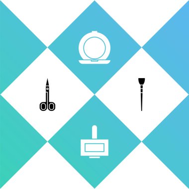 Makas, tırnak cilası şişesi, aynalı makyaj tozu ve fırça ikonu. Vektör.