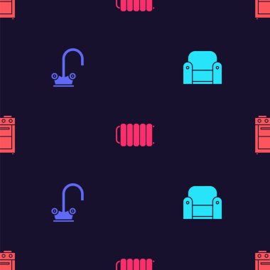 Koltuk, su musluğu, ısıtma radyatörü ve fırını kusursuz desene ayarlayın. Vektör.