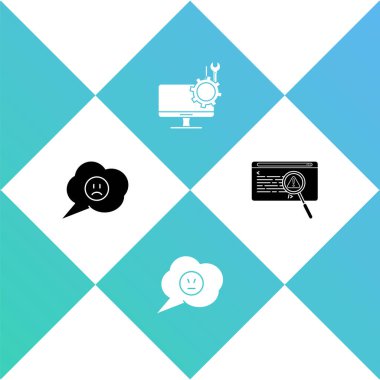 Konuşma baloncuğunu üzgün gülümseme, kızgın, Bilgisayar izleme servisi ve Sistem hata konsepti simgesiyle ayarla. Vektör.