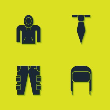 Kapüşonlu, kulaklıklı, kargo pantolonlu ve kravat ikonlu bir şapka. Vektör.