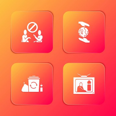 Plastik kirliliğini durdur, Dünya 'yı tutan eller, geri dönüşüm ve ikon ile geri dönüşüm kutusunu hazırla. Vektör.