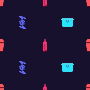 Beslenme çantasını, Dünya 'yı tutan elleri losyon kozmetik tüpünü ve kağıt cam suyu pürüzsüz desene ayarlayın. Vektör.