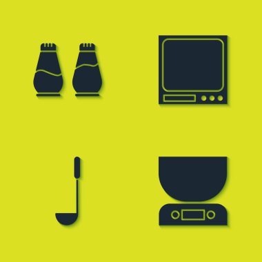 Tuz ve biber, elektronik teraziler, mutfak kepçesi ve ikon. Vektör.