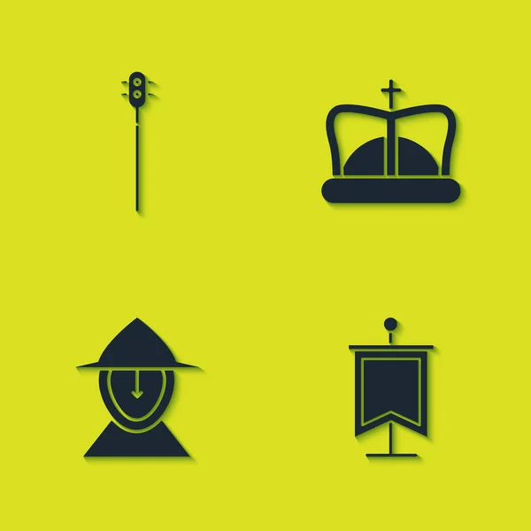 Set Medieval Encadenado Bola Maza Bandera Casco Hierro Rey Icono — Vector de stock