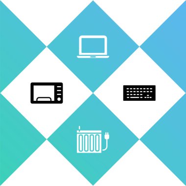 Mikrodalga fırını, ısıtma radyatörü, dizüstü bilgisayar ve klavye simgesini ayarla. Vektör.