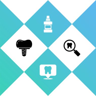Diş implantı, klinik konumu, ağız gargarası şişesi ve arama simgesi ayarla. Vektör.