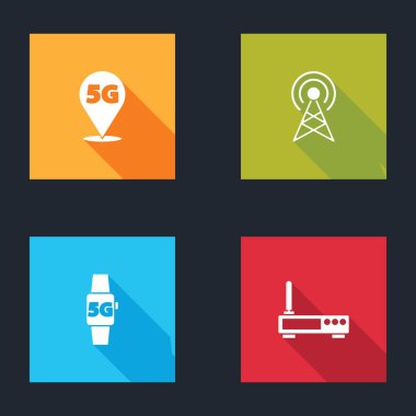 Konum 5G ağını, Anten, Akıllı Saat ve Yönlendirici ve Wi-Fi sinyal simgesini ayarla. Vektör.