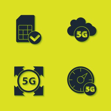 Sim kartı, dijital hız ölçer 5G, ağ ve bulut simgesini ayarla. Vektör.