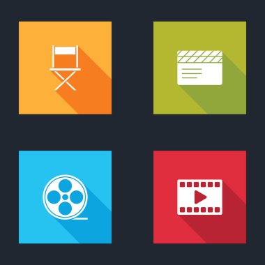 Yönetmen koltuğu, film alkışları, film makarası ve video ikonu. Vektör.