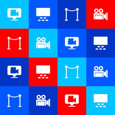 Kamera ve mekanı ayarlayın, koltuklu sinema salonu, ip engeli ve kamera ikonu. Vektör.