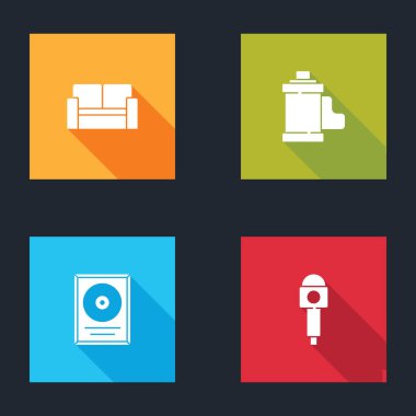 Sinema sandalyesini, kamera film rulo kartuşunu, CD disk ödül çerçevesini ve mikrofon simgesini ayarla. Vektör.