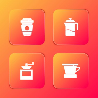 Kahve fincanını hazır et, Fransız presi, manuel kahve öğütücüsü ve V60 imalat ikonu. Vektör.