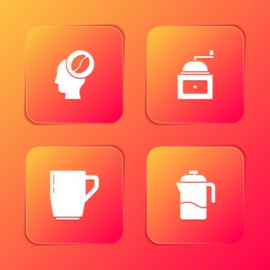 Set Barista, Manuel kahve öğütücüsü, kahve fincanı ve Fransız basın ikonu. Vektör.