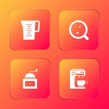 Sürahi bardağını suyla, kahve bardağıyla, el yapımı kahve öğütücüsüyle ve makine ikonuyla ayarla. Vektör.