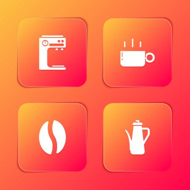 Kahve makinesi, bardak, fasulye ve çaydanlık ikonu hazırla. Vektör.