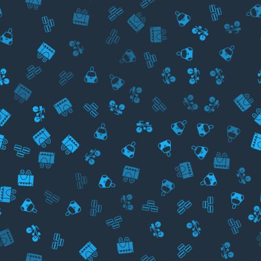 Makarna kurabiyesi, el çantası, bisiklet ve ekmekleri kusursuz desenli Fransız ekmeğine ayarlayın. Vektör.