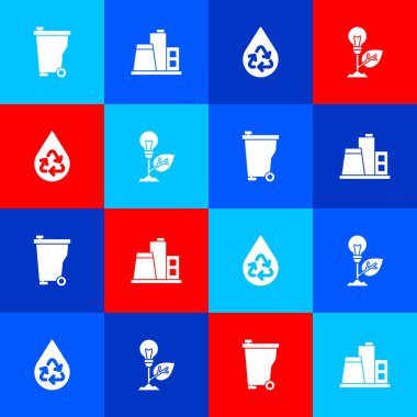 Çöp tenekesi, fabrika, temiz su geri dönüşümü ve yaprak ikonlu ampul ayarlayın. Vektör.