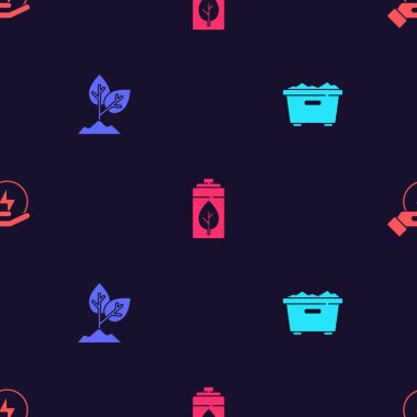 Çöp tenekesi, bitki, eko doğa yaprağı, pil ve yıldırımı kusursuz desene ayarlayın. Vektör.