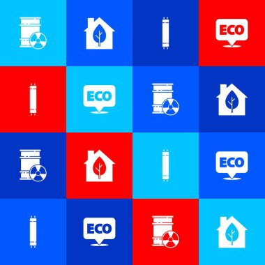 Fıçıya radyoaktif atık koyun, çevre dostu ev, flüoresan lamba ve ekolojik sağlıklı gıda ikonu için etiket koyun. Vektör.