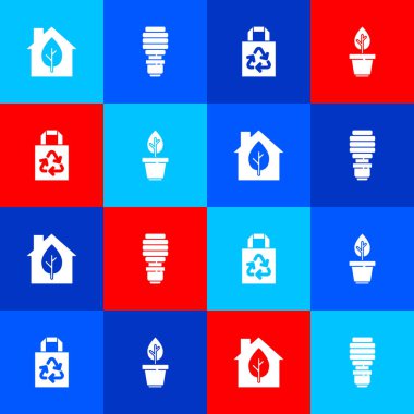 Çevre dostu ev, LED ampul, geri dönüşümlü kağıt torba ve saksı ikonuna bitki koyun. Vektör.