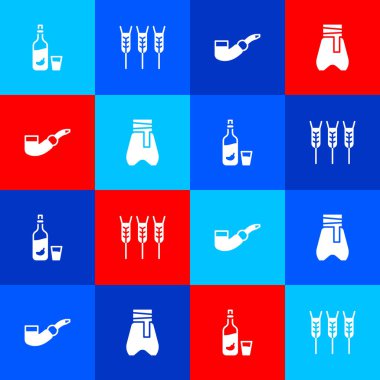 Biber, cam, buğday, tüttürme piposu ve Kazak pantolon ikonu ile votka hazırla. Vektör.